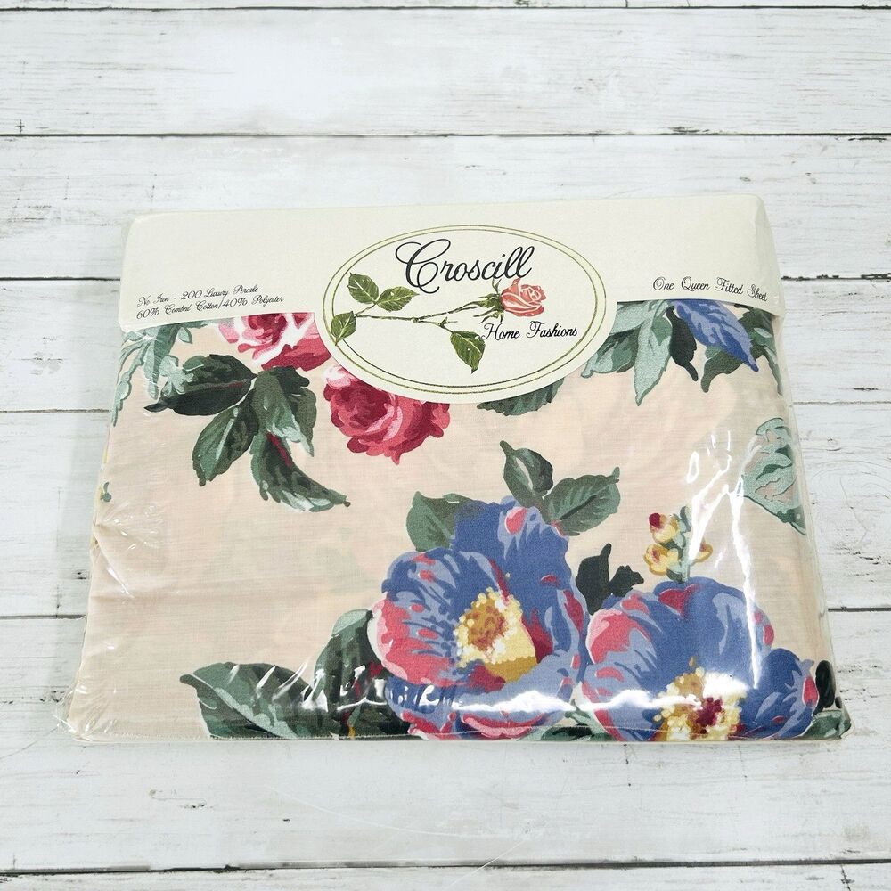 Vintag Croscill Francesca Queen Fitted Sheet Floral Pink Rose New Old Stock